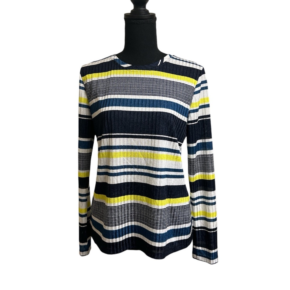 DKNY Multicolor Stripe Ribbed Long Sleeve Stretch Top Shirt Blouse Women’s M NWT